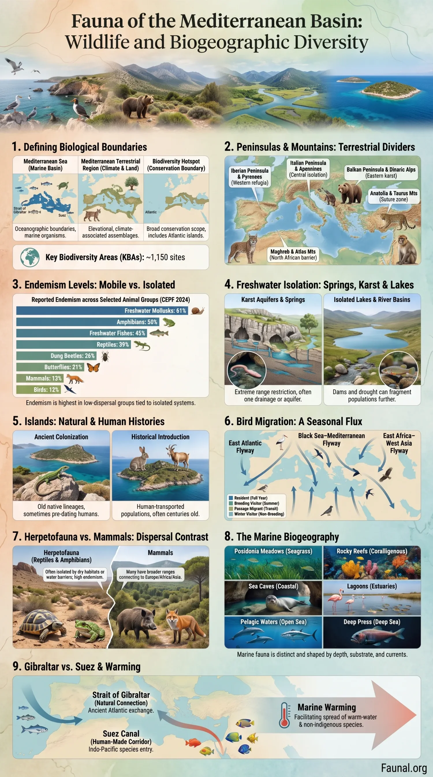 Mediterranean fauna showcasing diverse wildlife species and biogeographic features of the Mediterranean Basin.