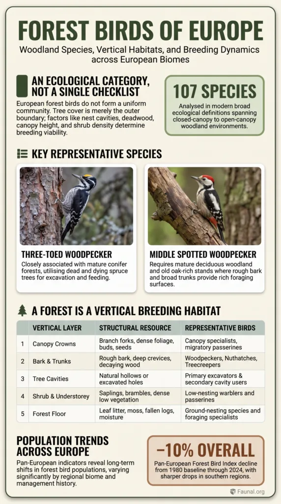 A detailed chart of forest birds of Europe showing woodland species and their breeding habitats.