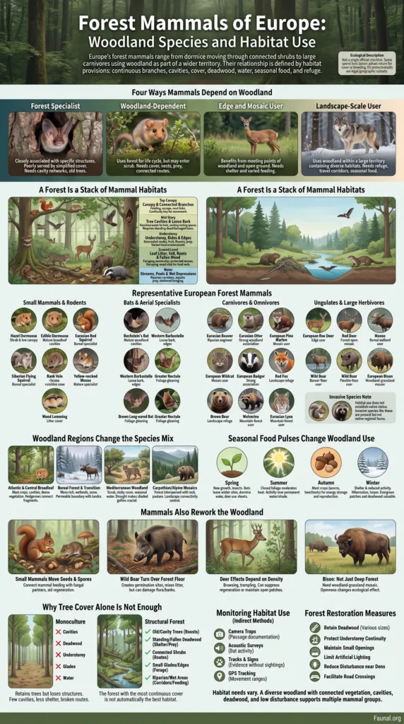European forest mammals like deer, wild boar, and foxes in their woodland habitats during different seasons.