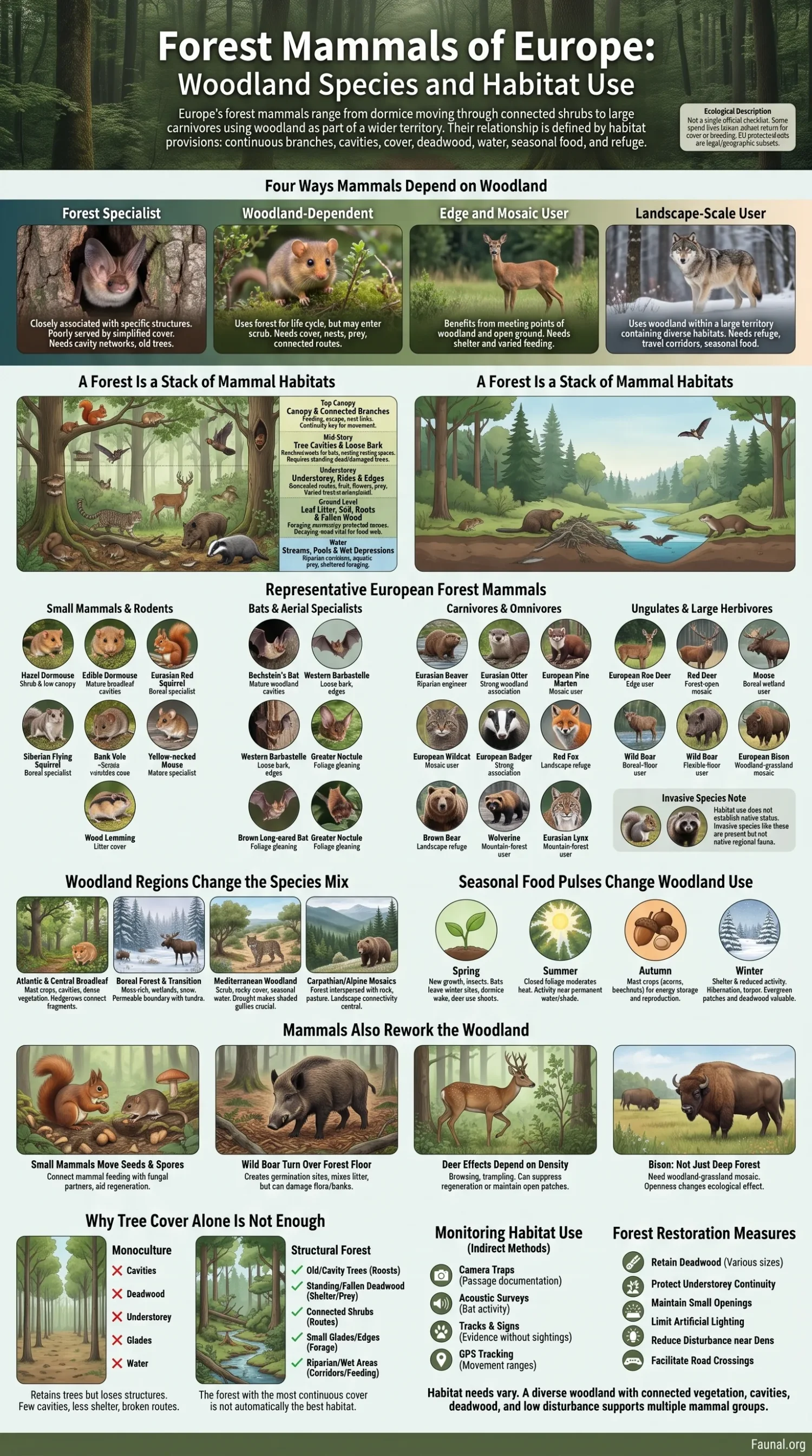 European forest mammals like deer, wild boar, and foxes in their woodland habitats during different seasons.