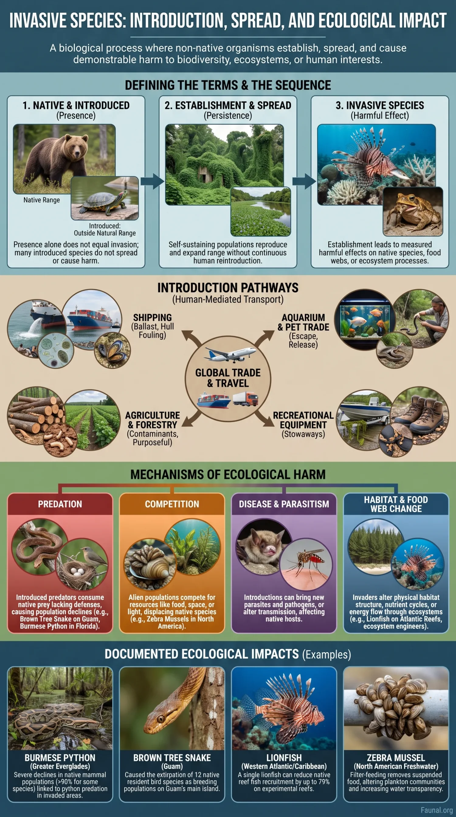 Invasive species spreading and affecting ecosystems, shown through an infographic illustrating their introduction, spread, and ecological impact.