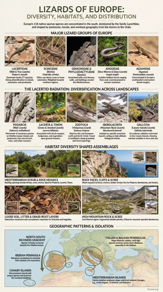 Various lizard species of Europe, showcasing different habitats and common groups found across the continent.