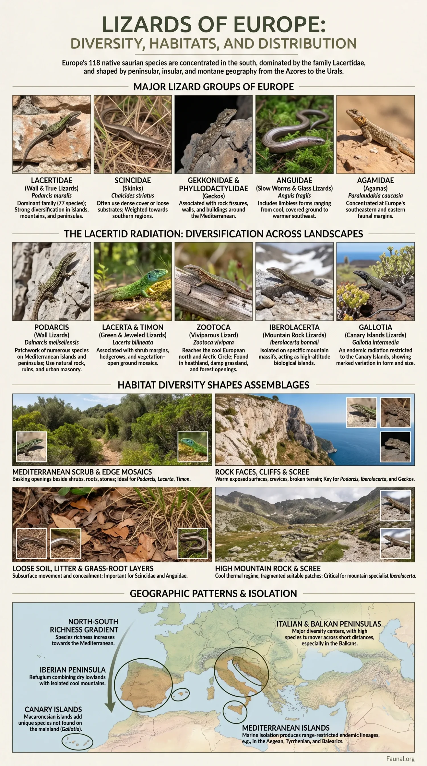 Various lizard species of Europe, showcasing different habitats and common groups found across the continent.