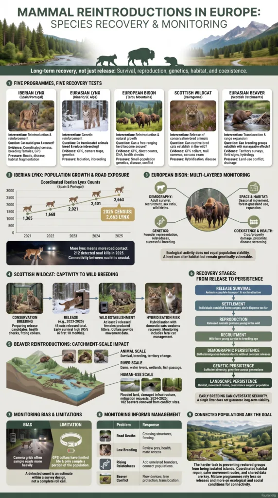 Mammal reintroductions in Europe support species recovery and monitoring efforts across diverse ecosystems.