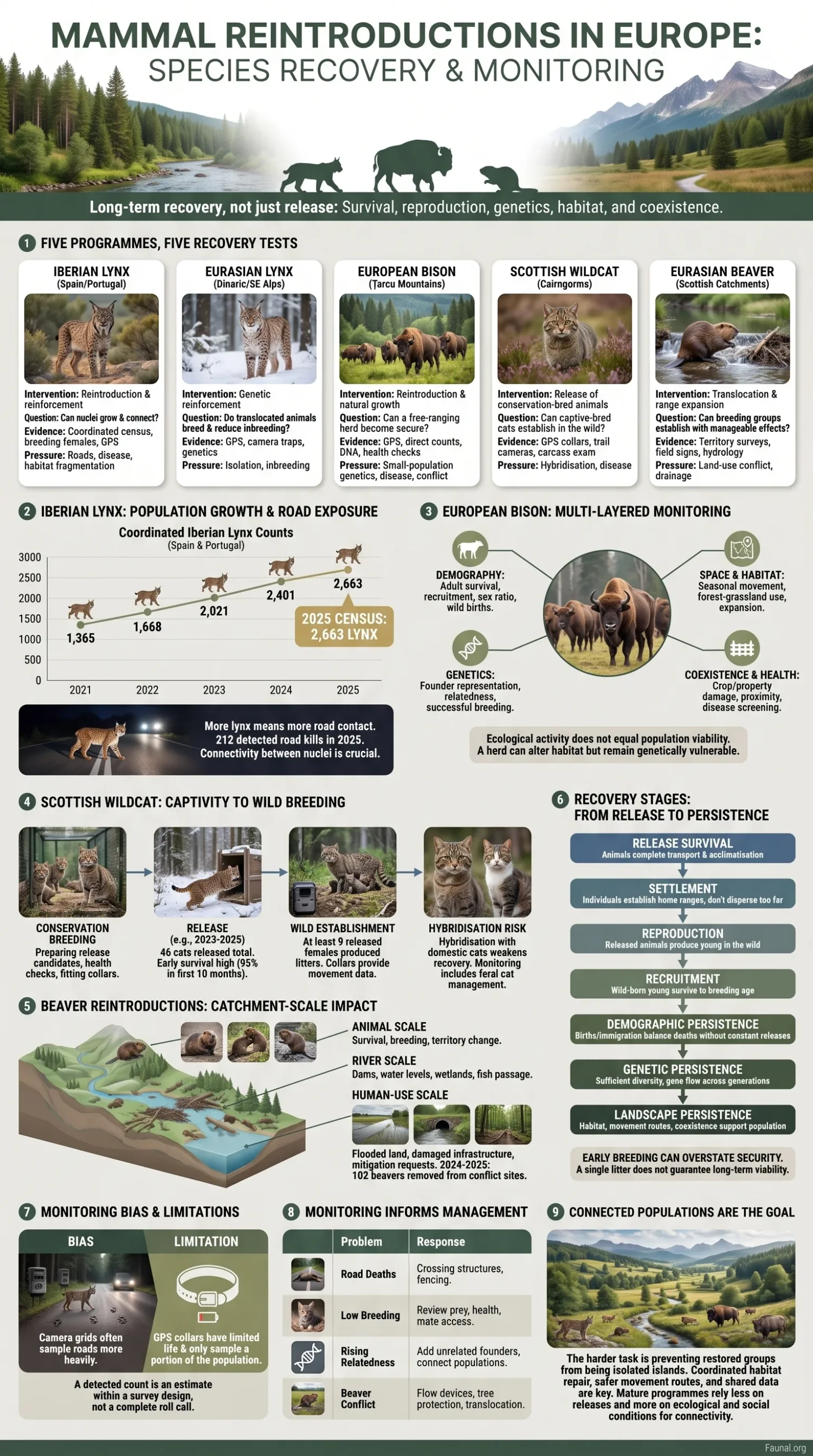 Mammal reintroductions in Europe support species recovery and monitoring efforts across diverse ecosystems.