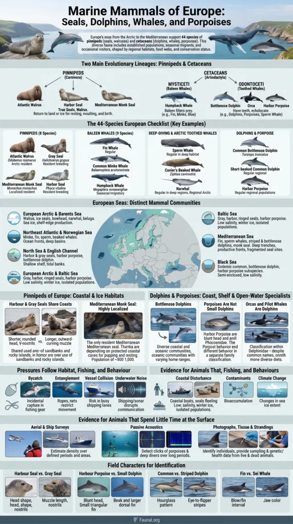 European marine mammals like seals, dolphins, whales, and porpoises surface in diverse habitats across Europe's waters.