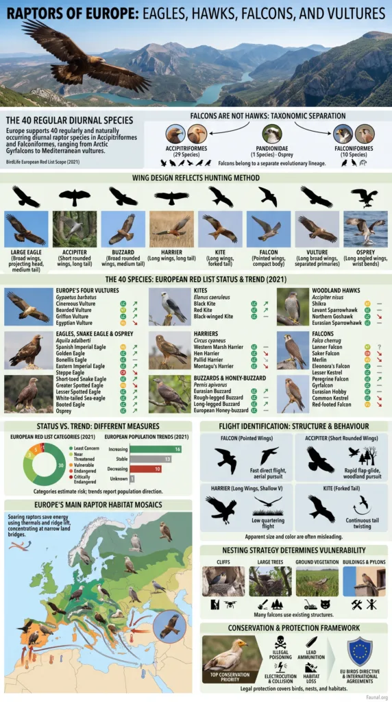 European raptors like eagles, hawks, falcons, and vultures soar through the sky showcasing their impressive hunting skills and majestic wingspans.