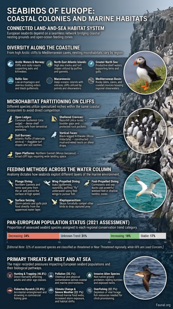 Seabirds of Europe nesting on cliffs and foraging in coastal and marine habitats, showcasing the diversity of coastal colonies and marine life.