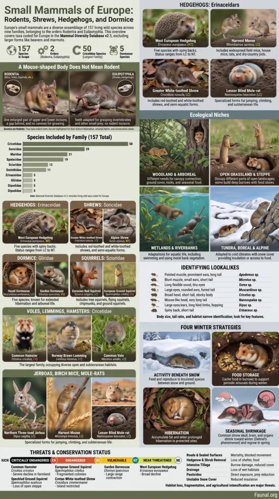 Small mammals of Europe, including rodents, shrews, hedgehogs, and dormice, shown in their natural habitats across various European environments.