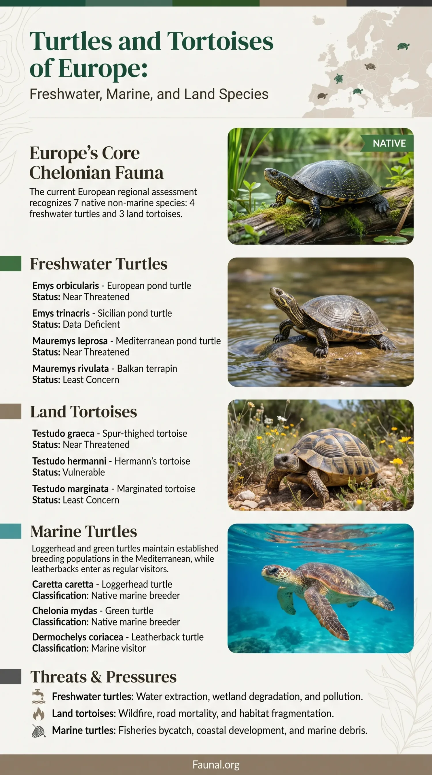 European freshwater, marine, and land turtles and tortoises showcased in their natural habitats.