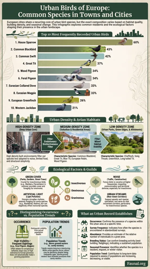 European urban birds like sparrows and pigeons thrive in city environments, showcasing common species found in towns and urban areas.