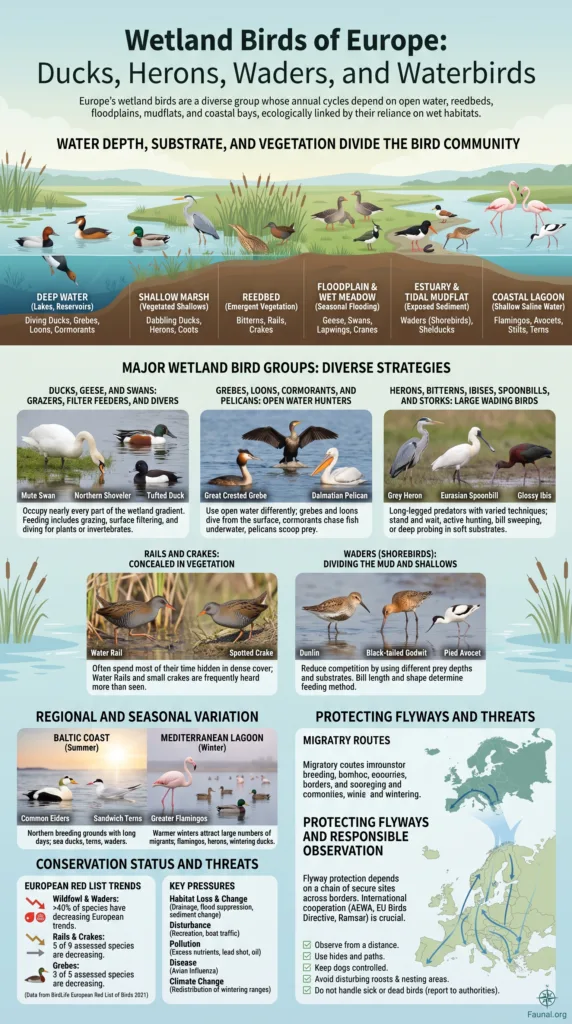 Wetland birds Europe include ducks, herons, waders, and waterbirds seen in diverse wetland habitats across the continent.