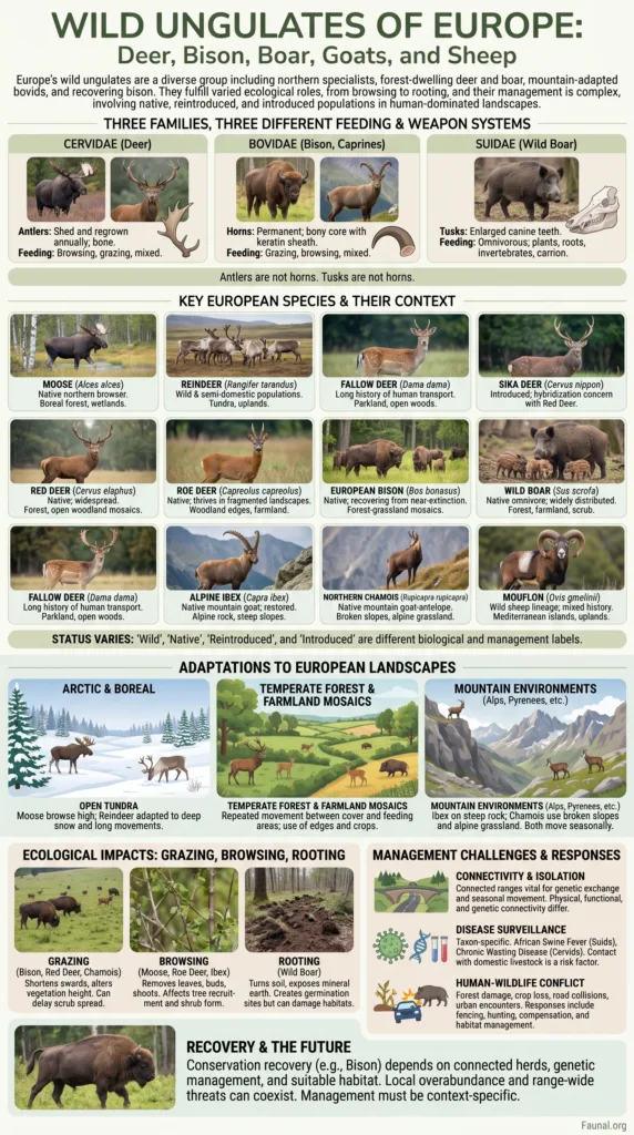 Wild ungulates of Europe including deer, bison, boar, goats, and sheep featured in this informative guide.