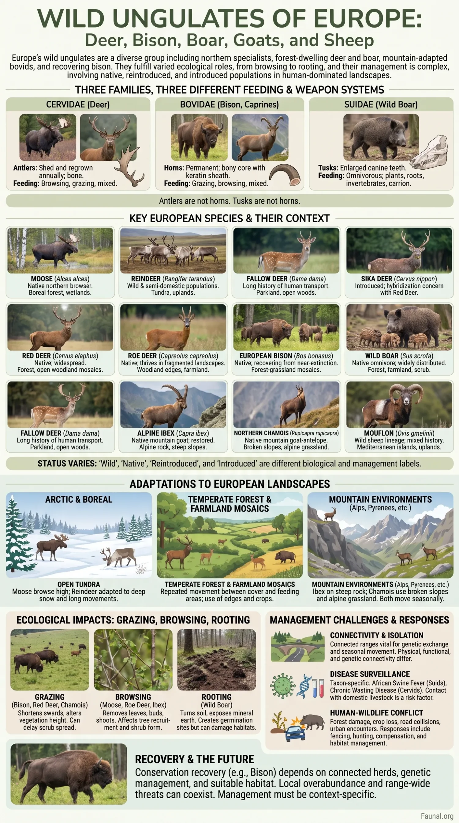 Wild ungulates of Europe including deer, bison, boar, goats, and sheep featured in this informative guide.
