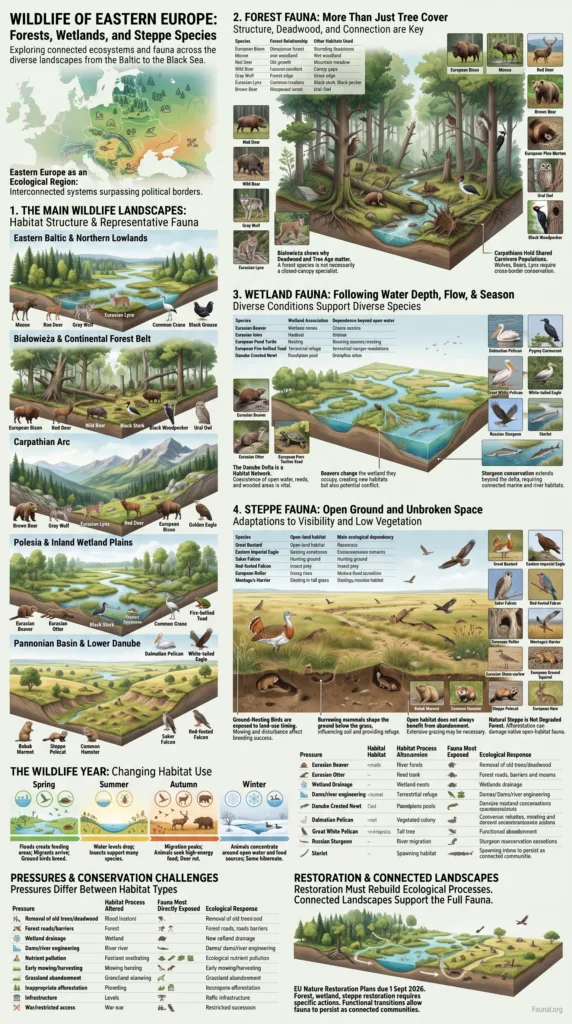 Eastern Europe wildlife includes diverse forest, wetland, and steppe species thriving in natural habitats and protected areas.