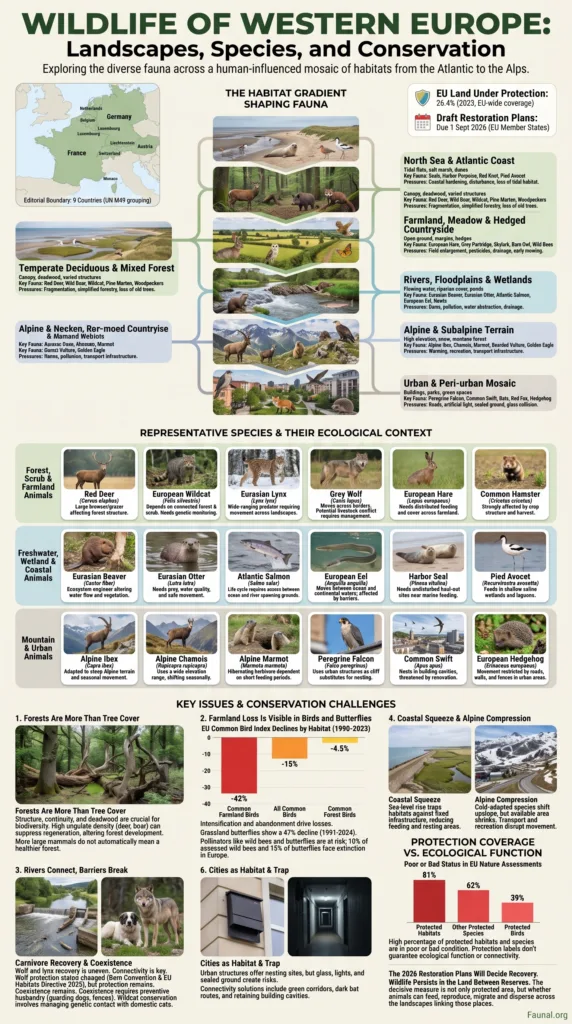 Western Europe wildlife features diverse landscapes and unique species, showcasing the rich natural habitats of the region.