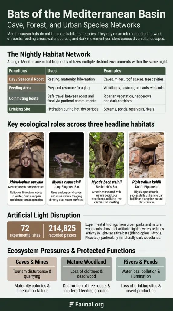 Mediterranean bats in caves, forests, and urban areas showcase diverse habitats across the region.