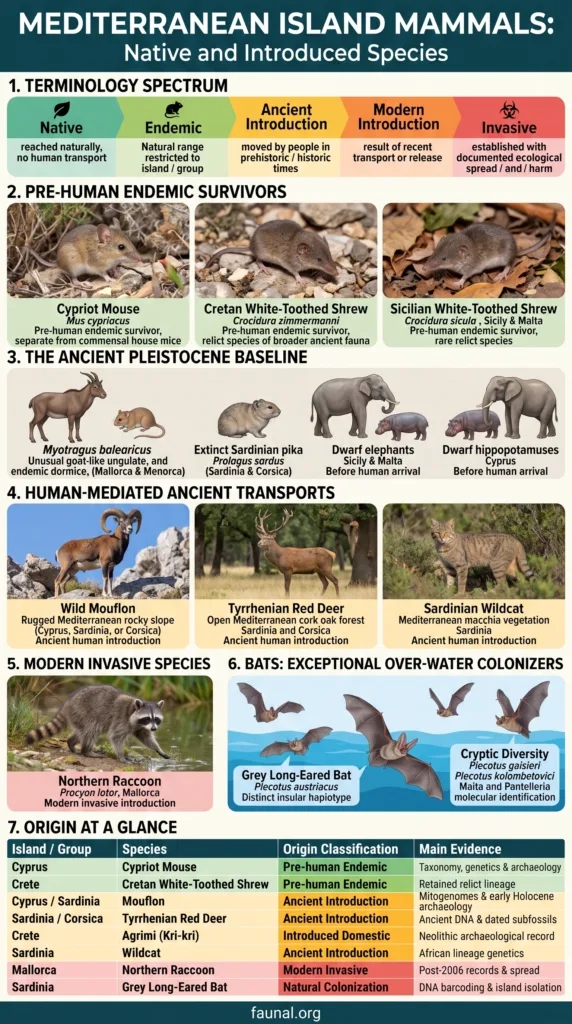 Mediterranean island mammals include native species and introduced animals, highlighting the unique wildlife of Mediterranean islands.
