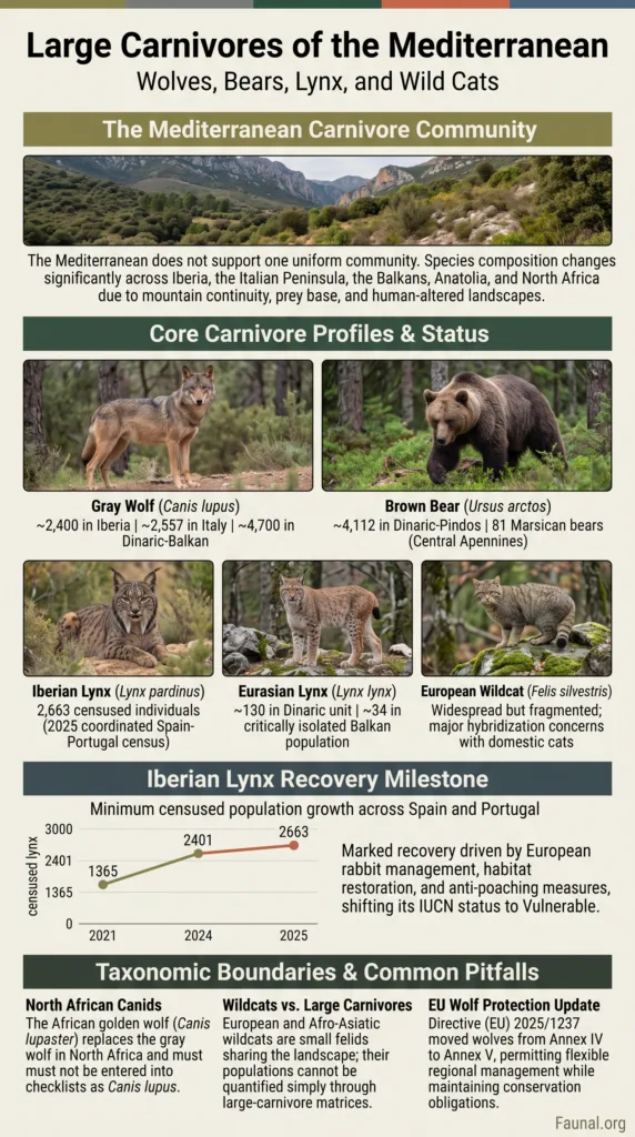 Mediterranean large carnivores like wolves, bears, lynx, and wildcats showcase the region's rich wildlife diversity.