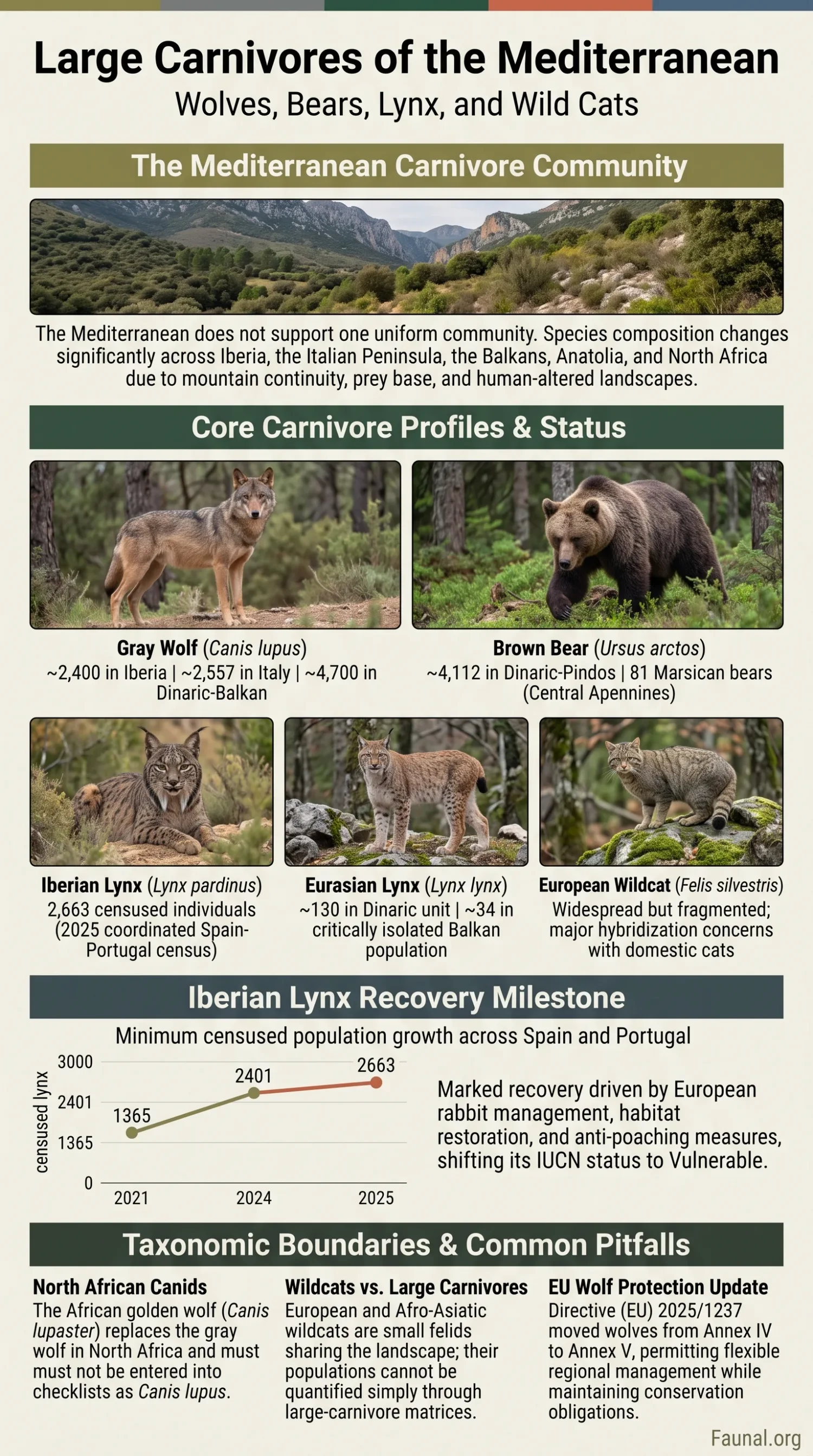Mediterranean large carnivores like wolves, bears, lynx, and wildcats showcase the region's rich wildlife diversity.