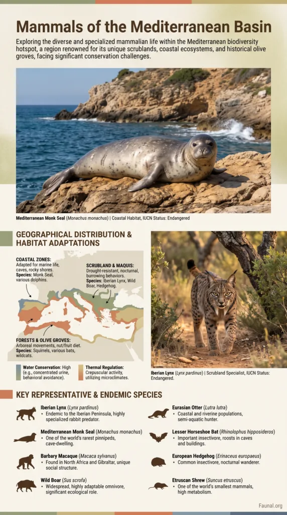 Mediterranean mammals, including native species like the otter and deer, inhabit diverse environments across the Basin.