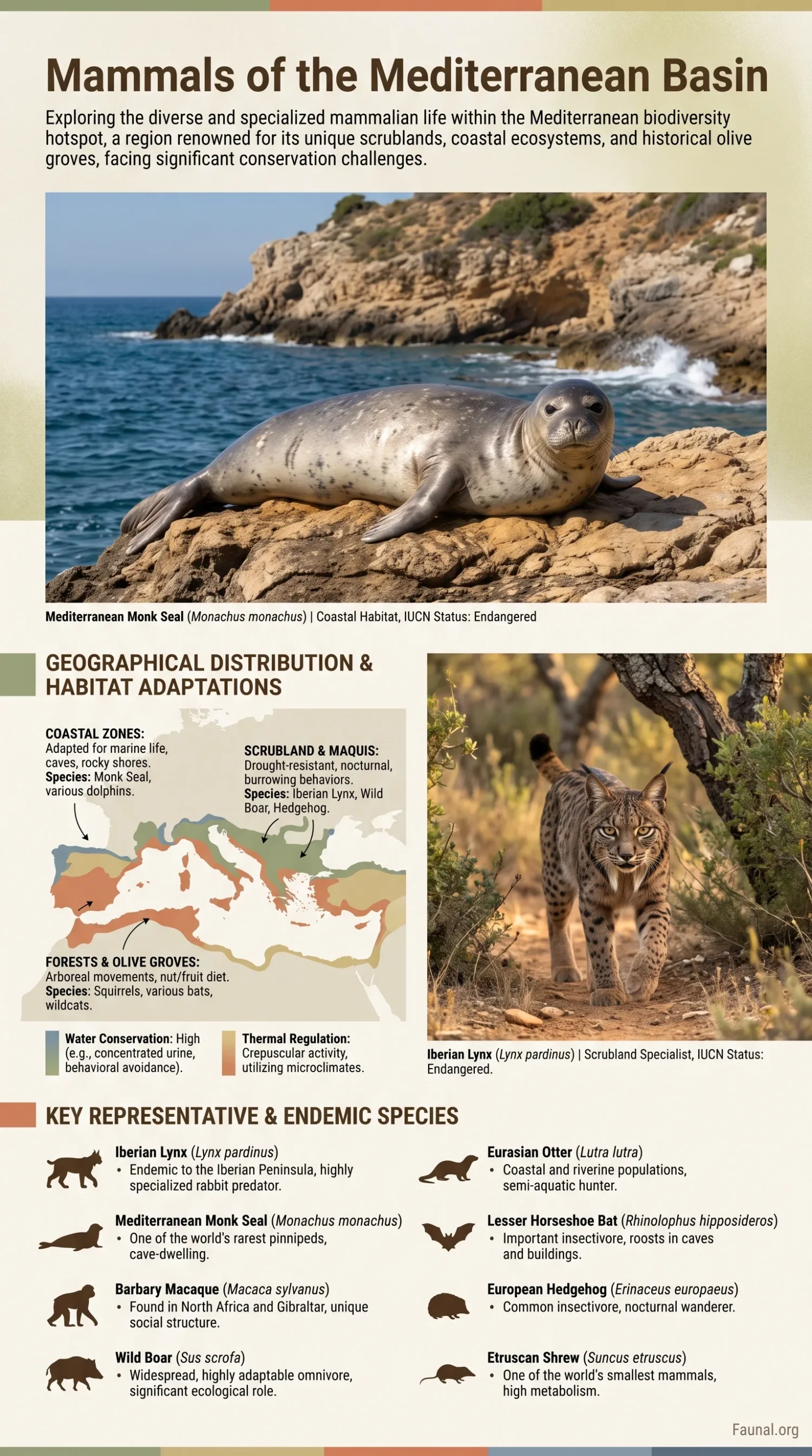 Mediterranean mammals, including native species like the otter and deer, inhabit diverse environments across the Basin.