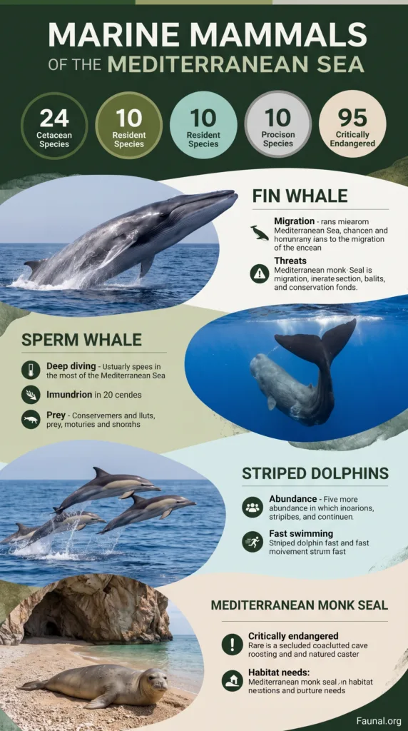 Marine mammals of the Mediterranean Sea, including fin whales, sperm whales, and striped dolphins, showcasing the region's diverse marine life.