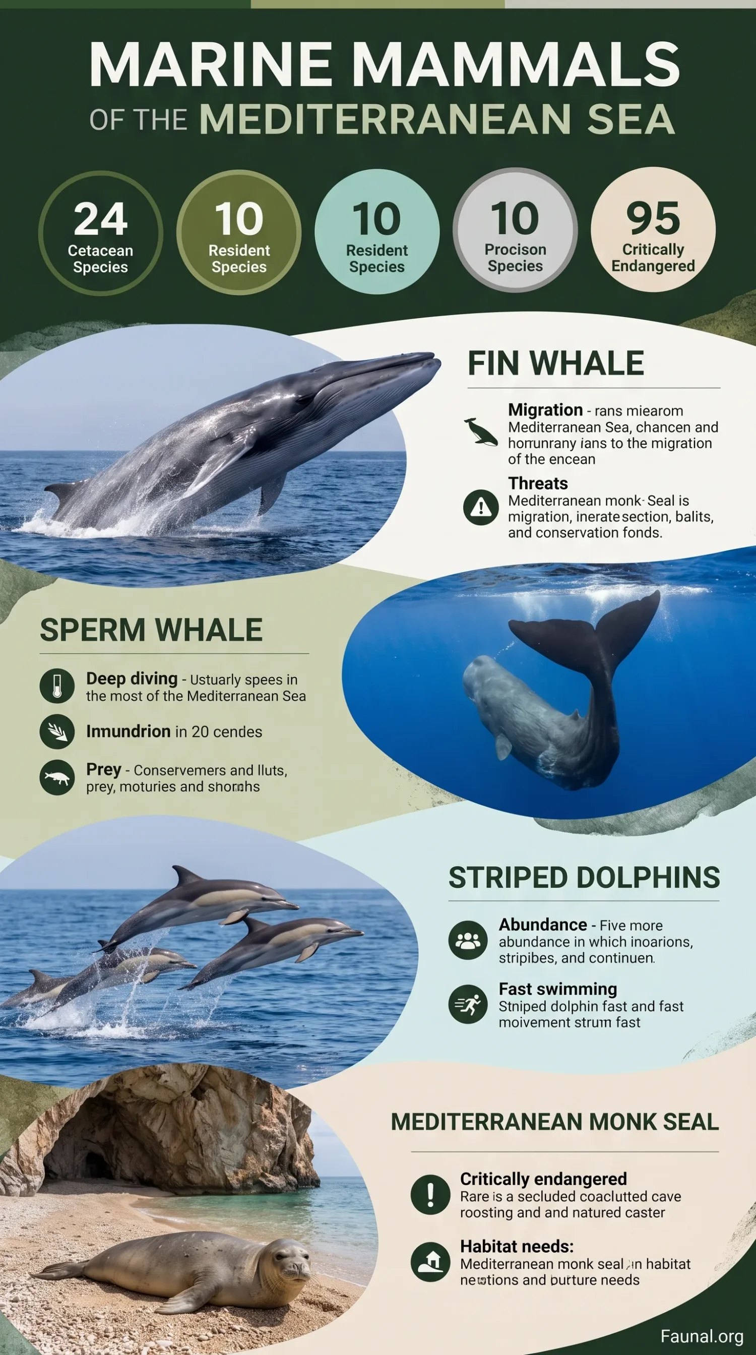 Marine mammals of the Mediterranean Sea, including fin whales, sperm whales, and striped dolphins, showcasing the region's diverse marine life.