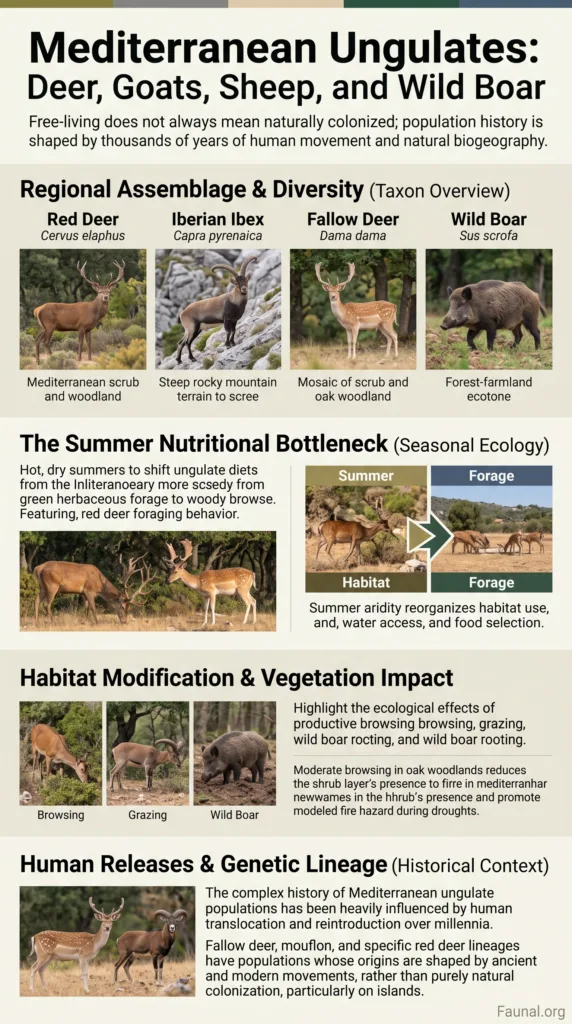 Mediterranean ungulates, including deer, goats, sheep, and wild boar, shown in their natural habitat during seasonal ecological studies.