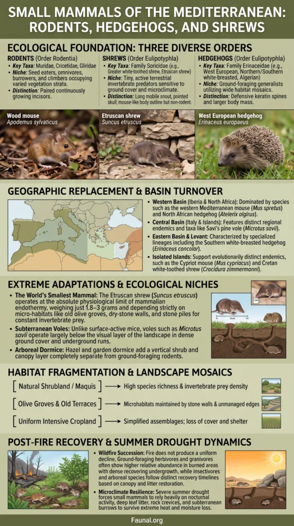 Mediterranean small mammals like rodents, hedgehogs, and shrews in their natural habitats and ecological niches.