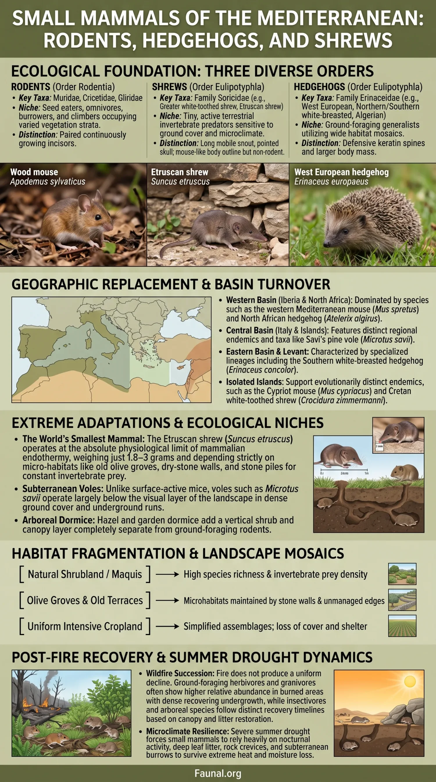 Mediterranean small mammals like rodents, hedgehogs, and shrews in their natural habitats and ecological niches.